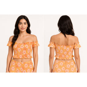 Women's Cotton On Orange Pink Floral Smocked Off-Shoulder Crop Top 14